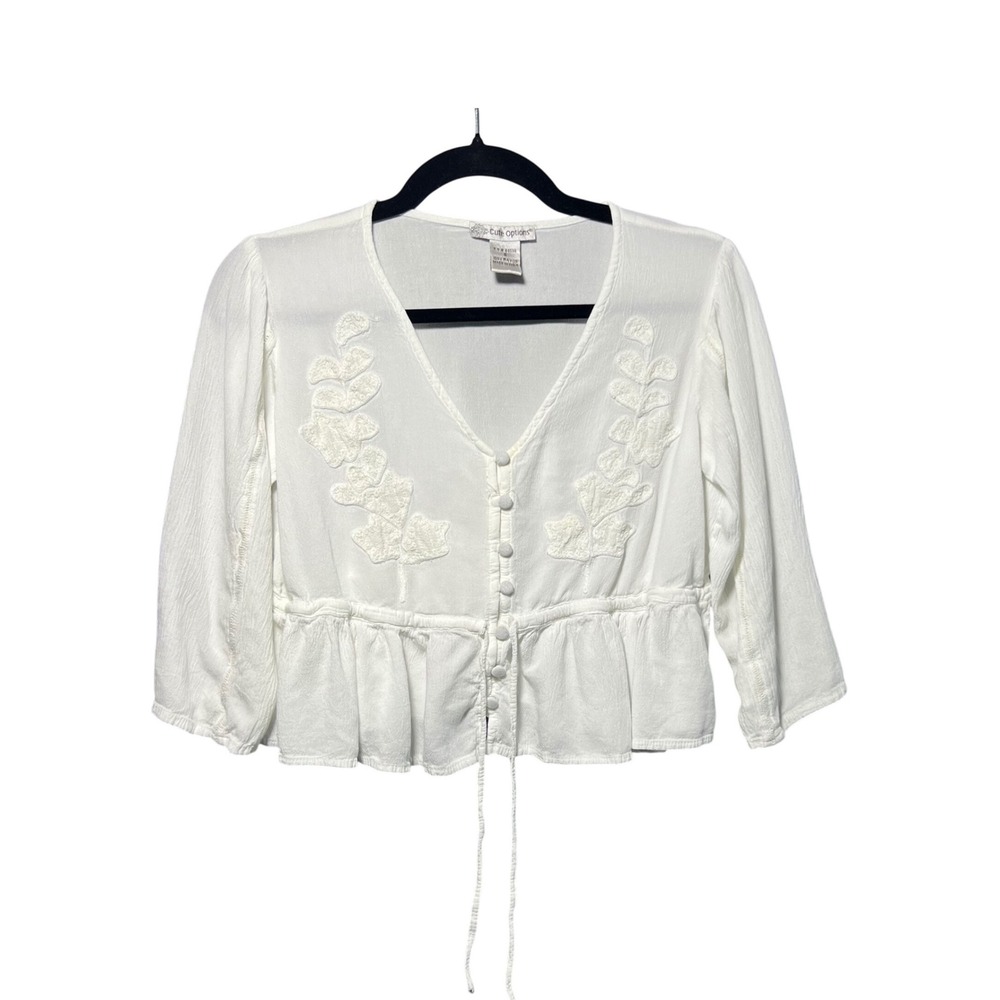 Cute Options White Embroidered Boho Peasant Blouse Cropped Tie Front S‎